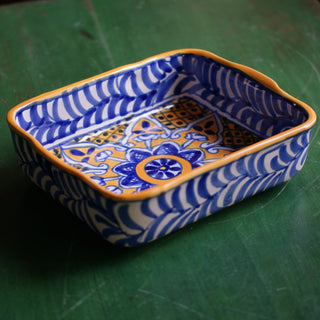 Deep Baking Dish, Grande, Ready to Ship Ceramics Zinnia Folk Arts Blue & Saffron  