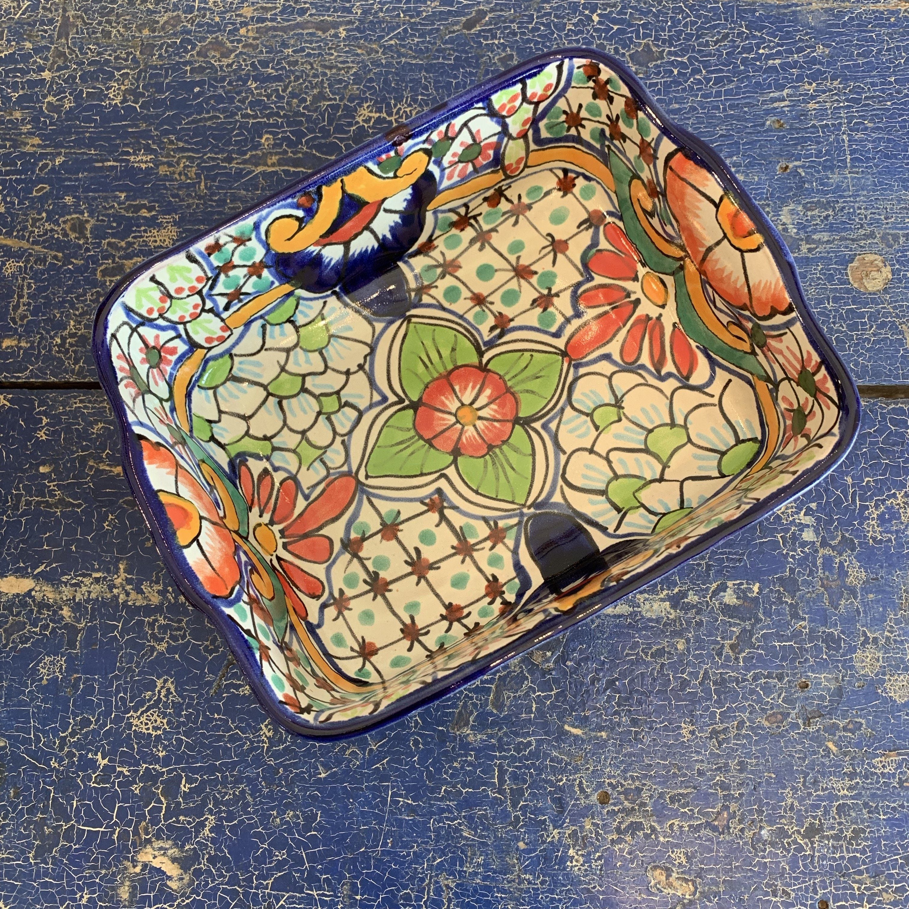 Deep Mexican Talavera Baking Dish, Chico, Ready to Ship Ceramics Zinnia Folk Arts Red Petunia  