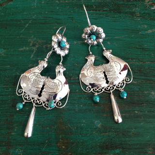 Double Birds with Turquoise Beads Sterling Silver Earring Jewelry Zinnia Folk Arts   