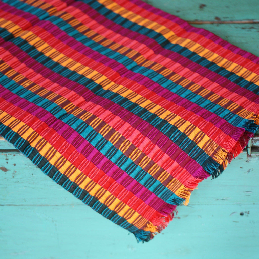 Double-Sided  Cotton Table Runners, Various Colors, Chiapas Textile Zinnia Folk Arts Turquoise, Orange, Multi  