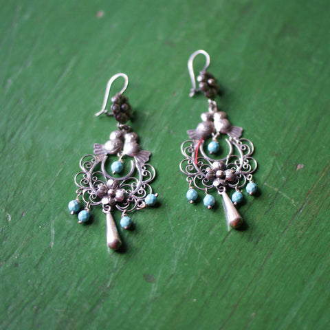 Filagree and Seed Pearl Mexican Silver Earrings Jewelry Victor's Turquoise Beads  