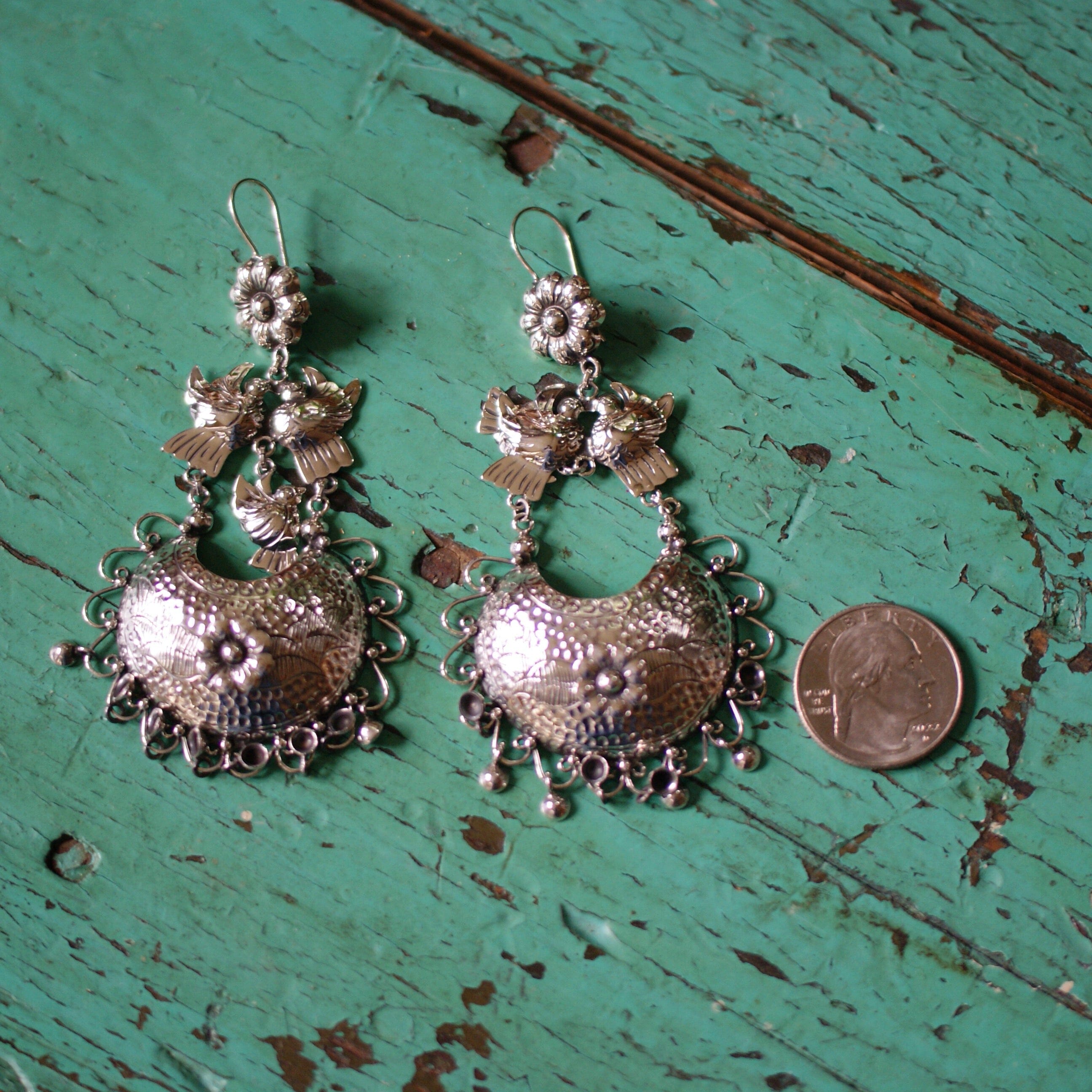 Frida Kahlo Large Filagree Silver Earrings with Two Lovebirds Jewelry Zinnia Folk Arts   