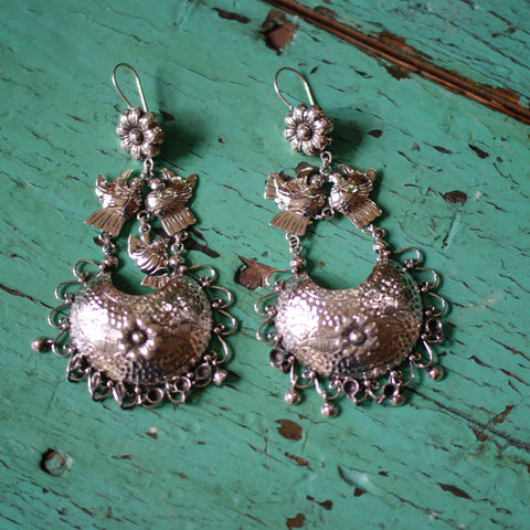 Frida Kahlo Large Filagree Silver Earrings with Two Lovebirds Jewelry Zinnia Folk Arts   