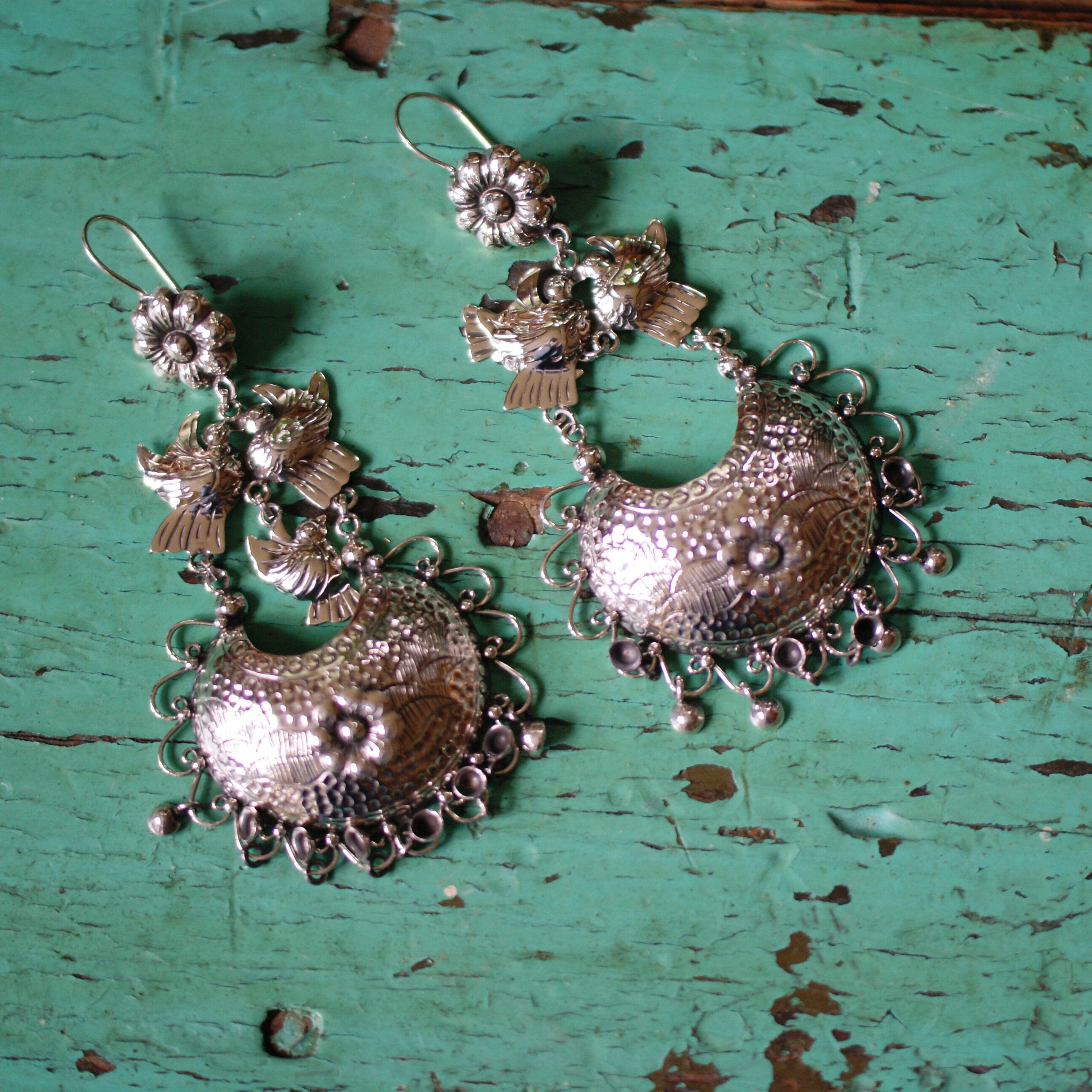 Frida Kahlo Large Filagree Silver Earrings with Two Lovebirds Jewelry Zinnia Folk Arts   