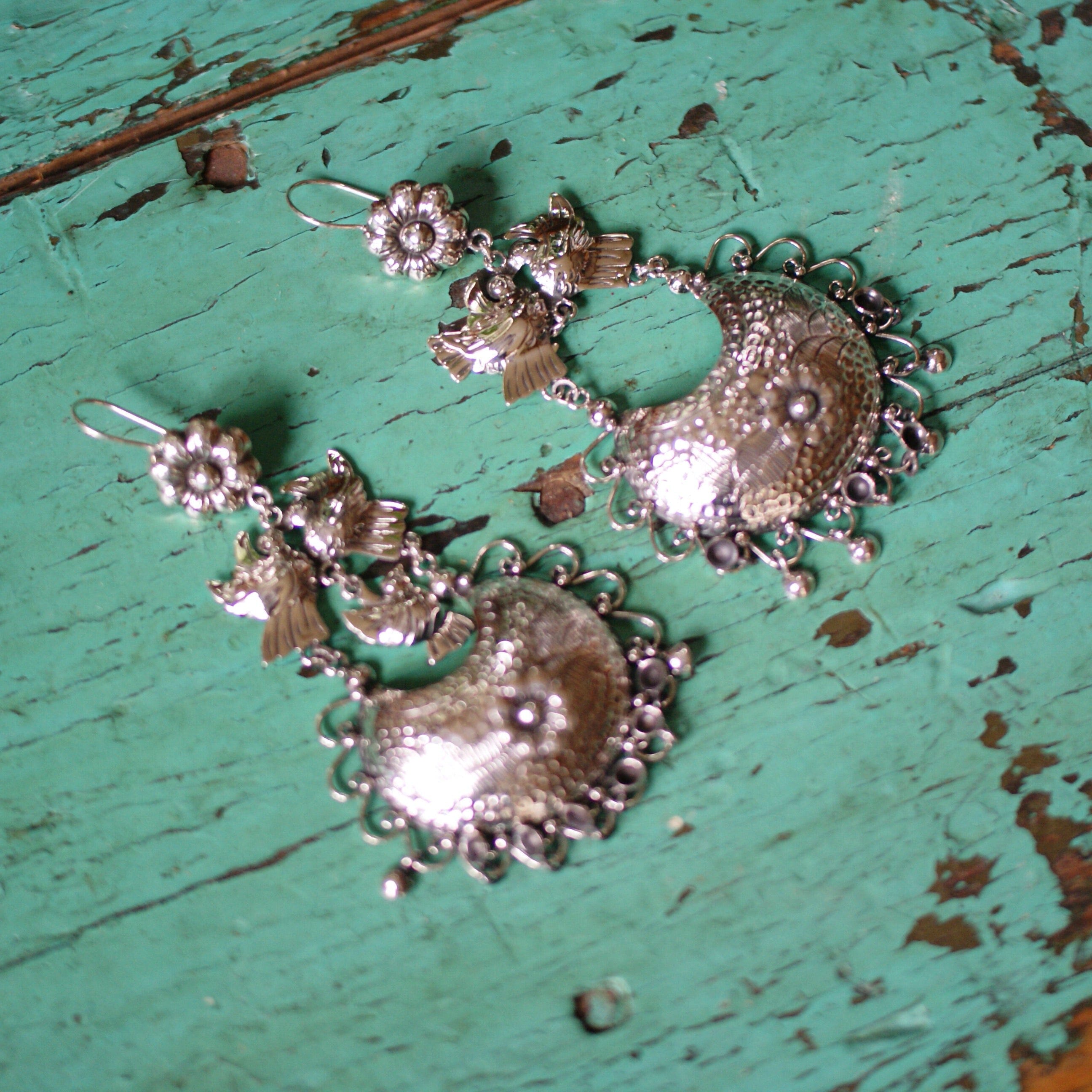 Frida Kahlo Large Filagree Silver Earrings with Two Lovebirds Jewelry Zinnia Folk Arts   