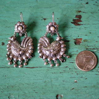 Frida Kahlo Large Silver Earrings with Sitting Bird Jewelry Zinnia Folk Arts   