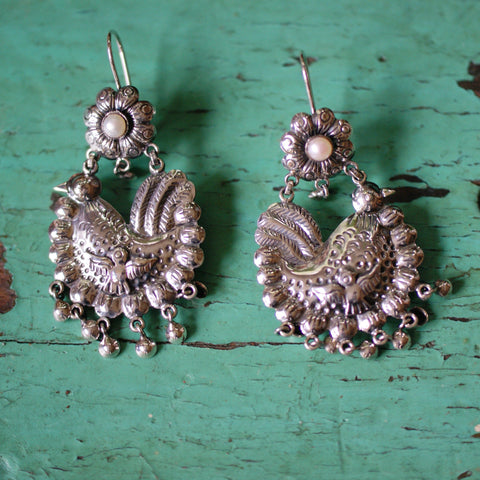 Frida Kahlo Large Silver Earrings with Sitting Bird Jewelry Zinnia Folk Arts   