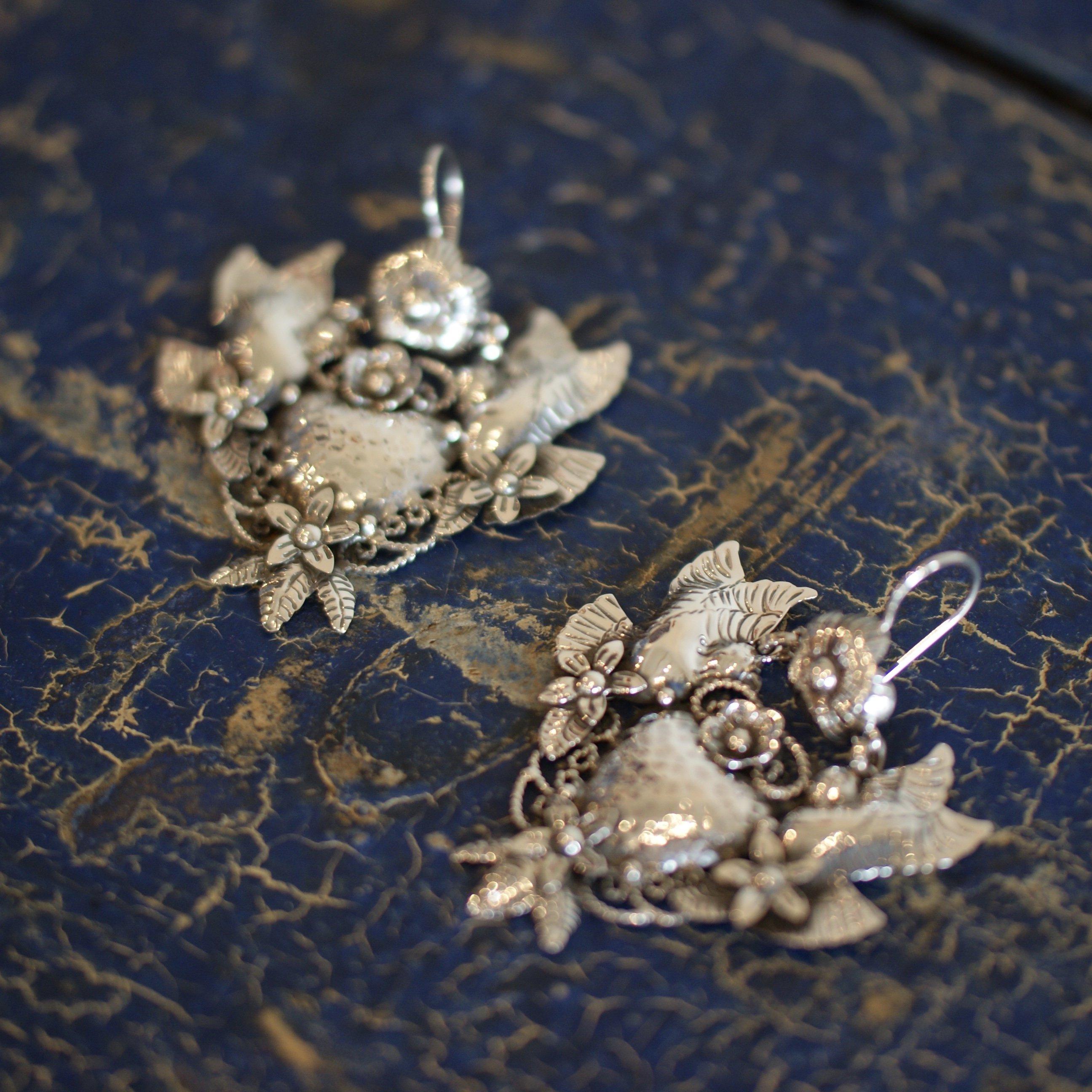 Frida Kahlo Sacred Heart with Lovebirds Earrings, Extra Grande Jewelry Zinnia Folk Arts   