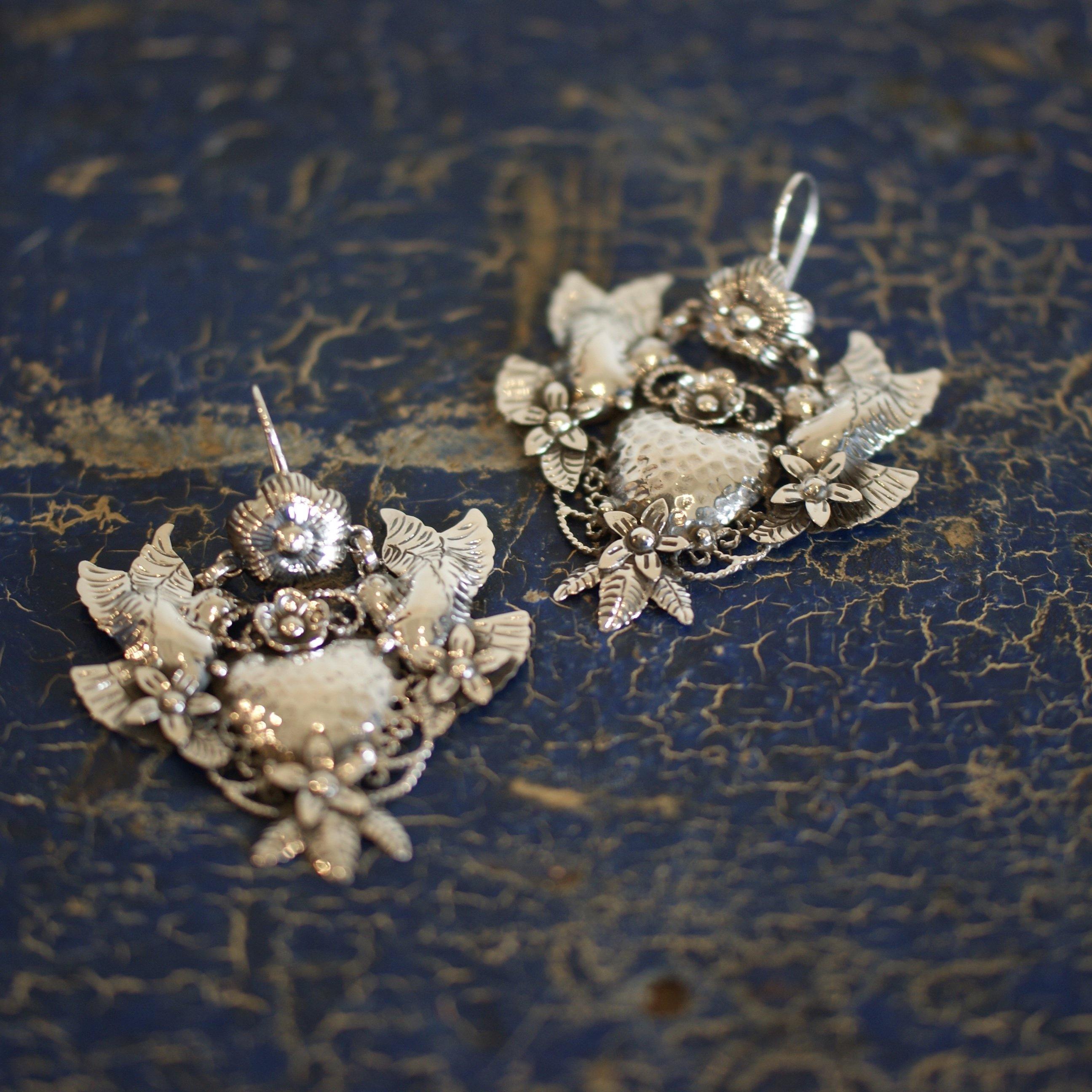 Frida Kahlo Sacred Heart with Lovebirds Earrings, Extra Grande Jewelry Zinnia Folk Arts   