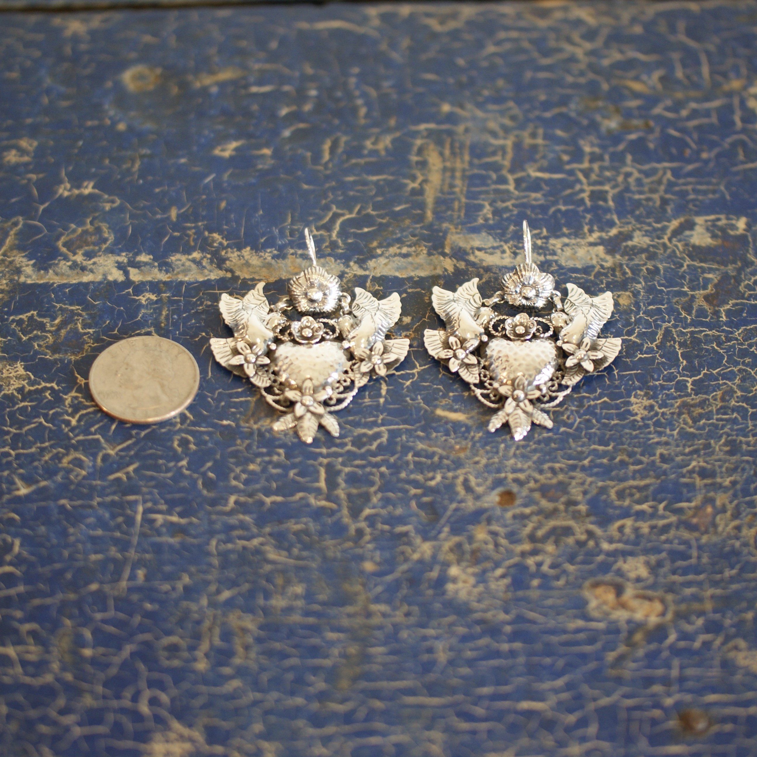 Frida Kahlo Sacred Heart with Lovebirds Earrings, Extra Grande Jewelry Zinnia Folk Arts   