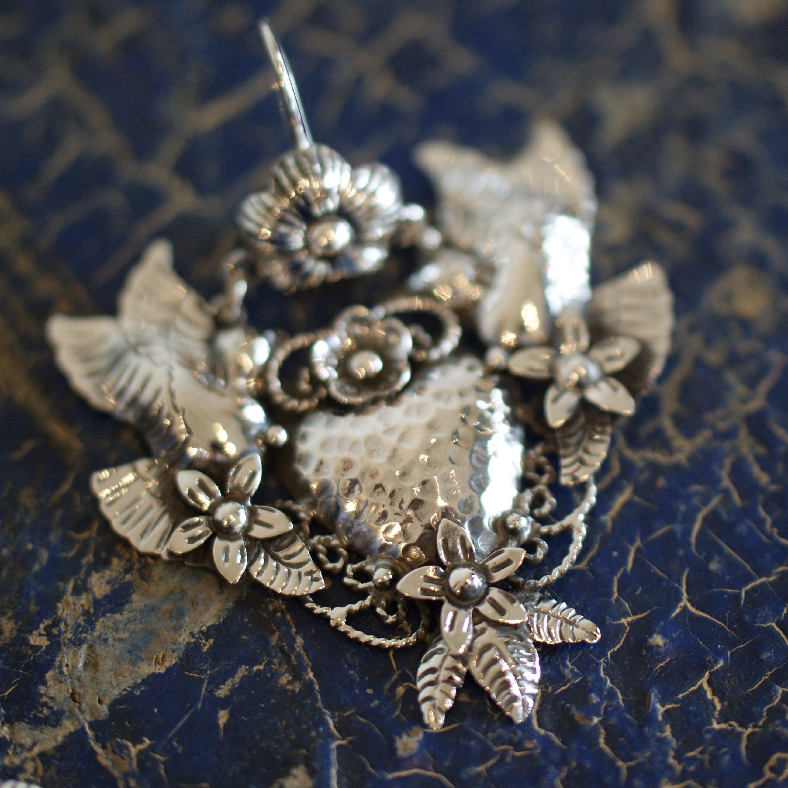 Frida Kahlo Sacred Heart with Lovebirds Earrings, Extra Grande Jewelry Zinnia Folk Arts   