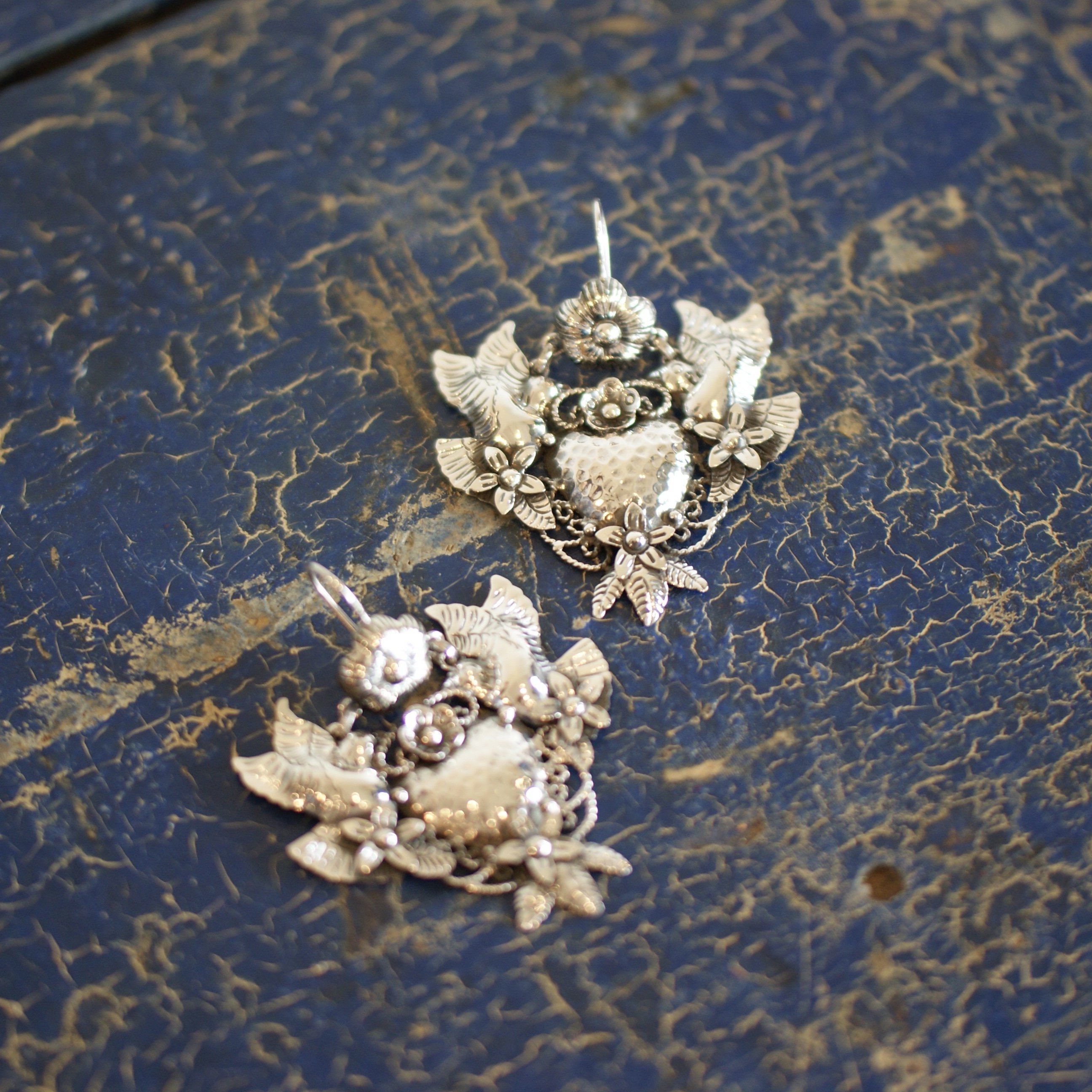 Frida Kahlo Sacred Heart with Lovebirds Earrings, Extra Grande Jewelry Zinnia Folk Arts   