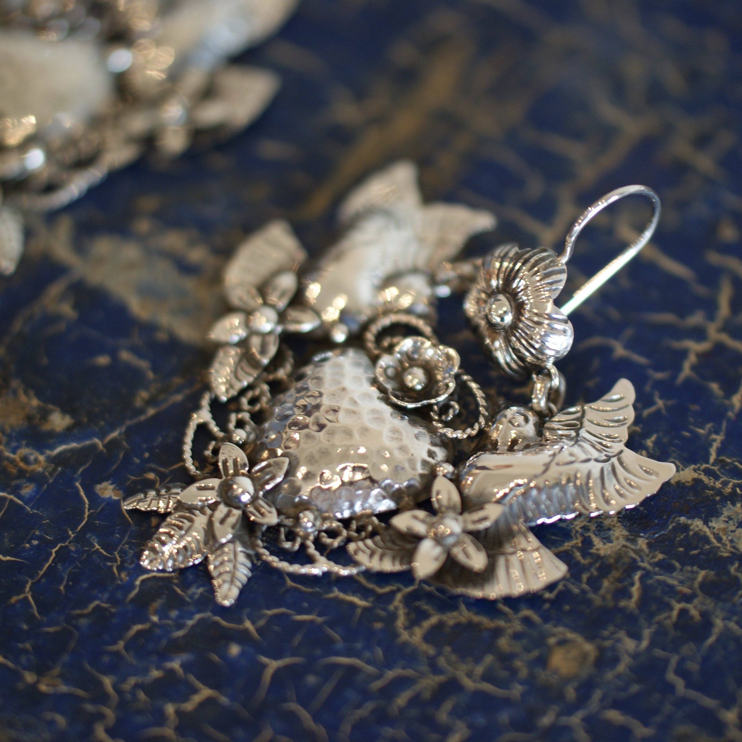 Frida Kahlo Sacred Heart with Lovebirds Earrings, Extra Grande Jewelry Zinnia Folk Arts   