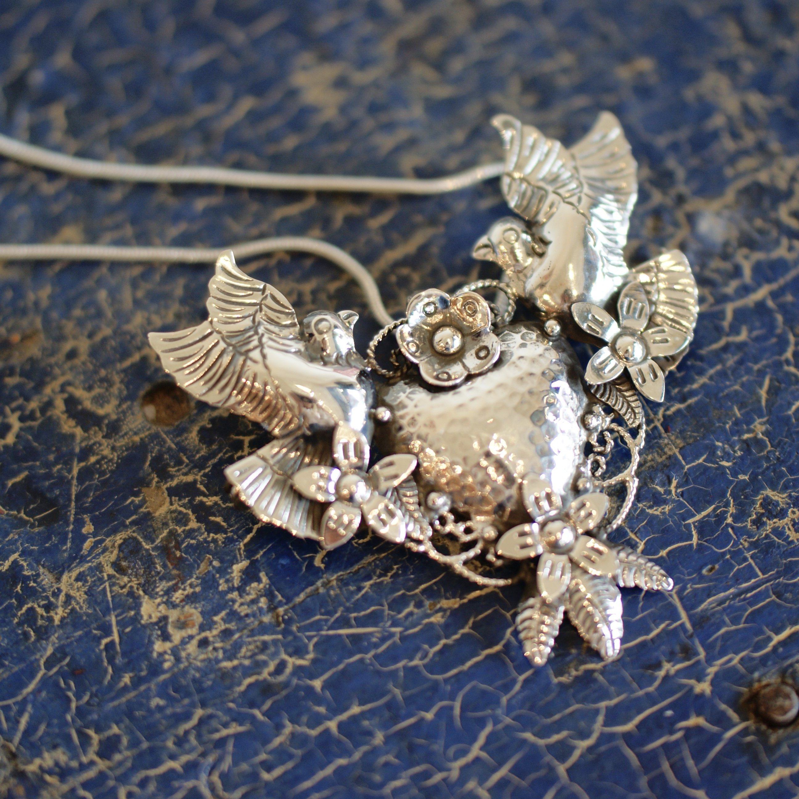 Frida Kahlo Sacred Heart with Lovebirds Pendant/Pin with or without Chain Jewelry Zinnia Folk Arts   