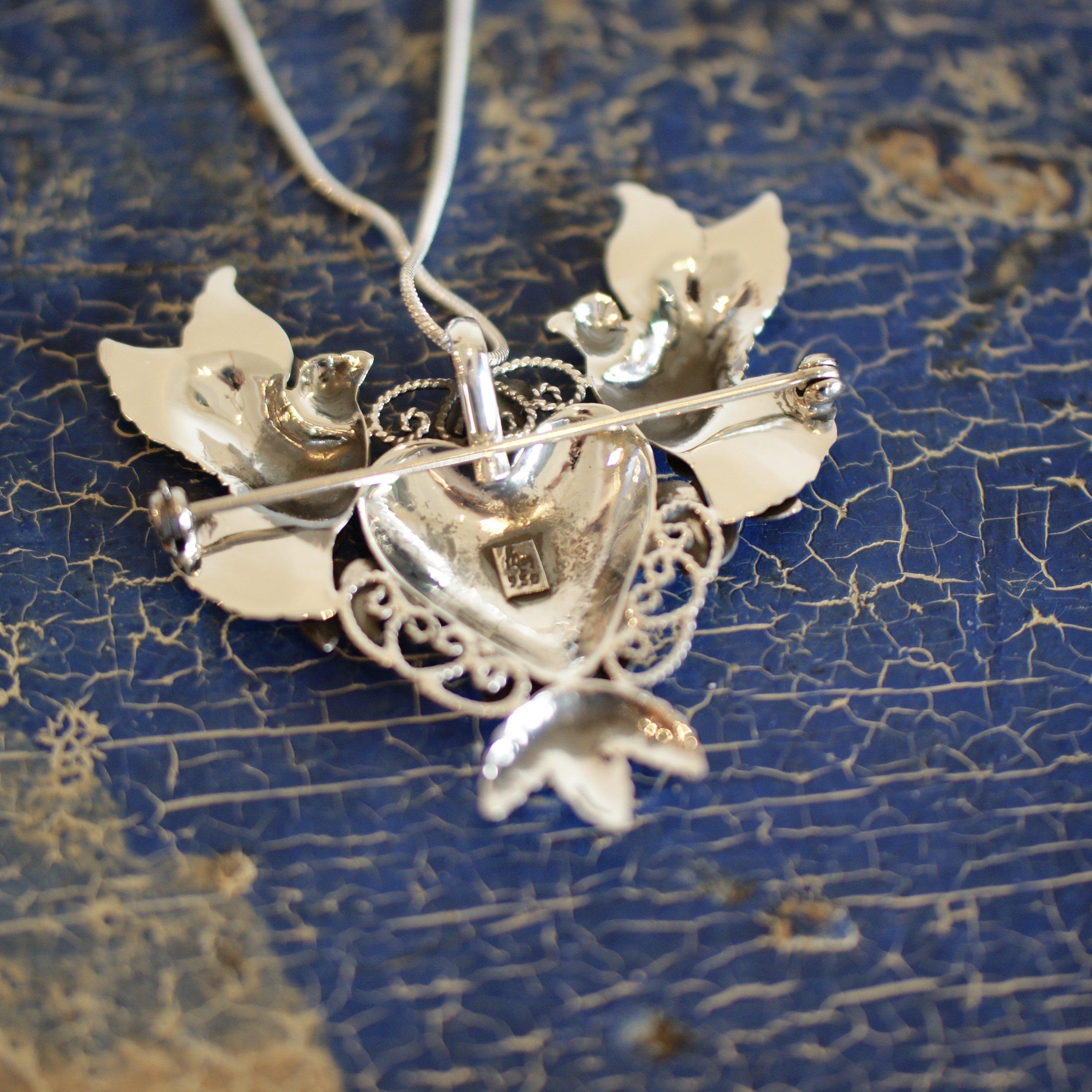 Frida Kahlo Sacred Heart with Lovebirds Pendant/Pin with or without Chain Jewelry Zinnia Folk Arts   