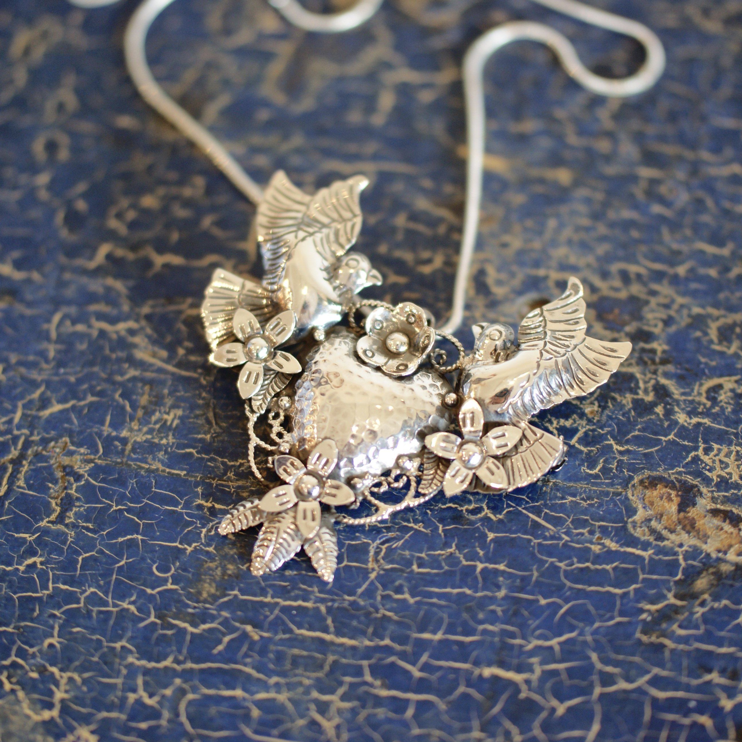 Frida Kahlo Sacred Heart with Lovebirds Pendant/Pin with or without Chain Jewelry Zinnia Folk Arts   