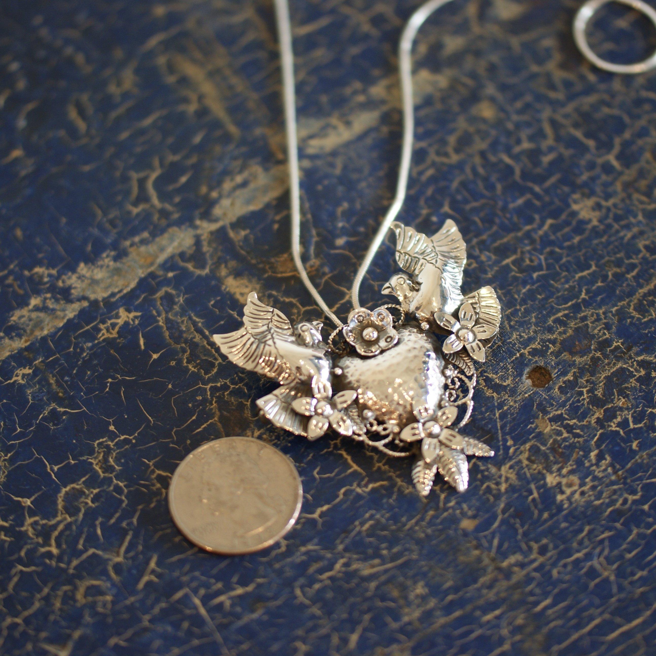 Frida Kahlo Sacred Heart with Lovebirds Pendant/Pin with or without Chain Jewelry Zinnia Folk Arts   