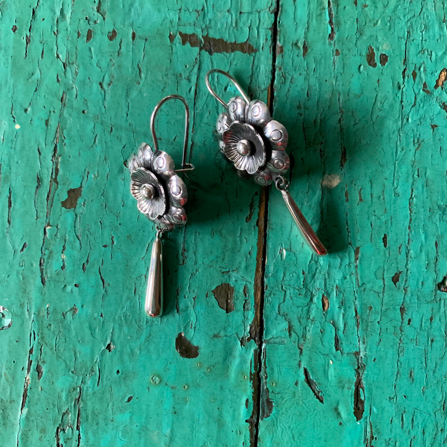 "Girasol" Sterling Sunflower Earrings with Silver Cup Dangles of Silver Gote Jewelry Victor's   