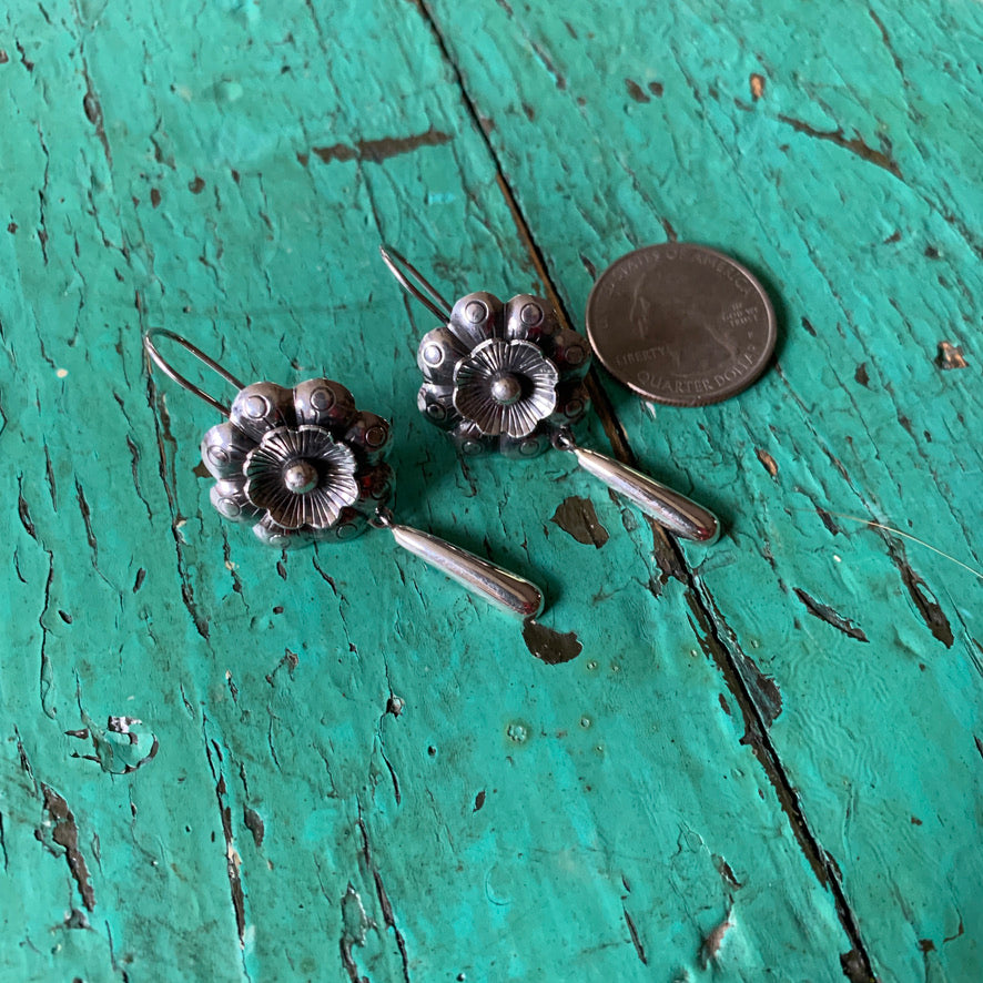 "Girasol" Sterling Sunflower Earrings with Silver Cup Dangles of Silver Gote Jewelry Victor's   