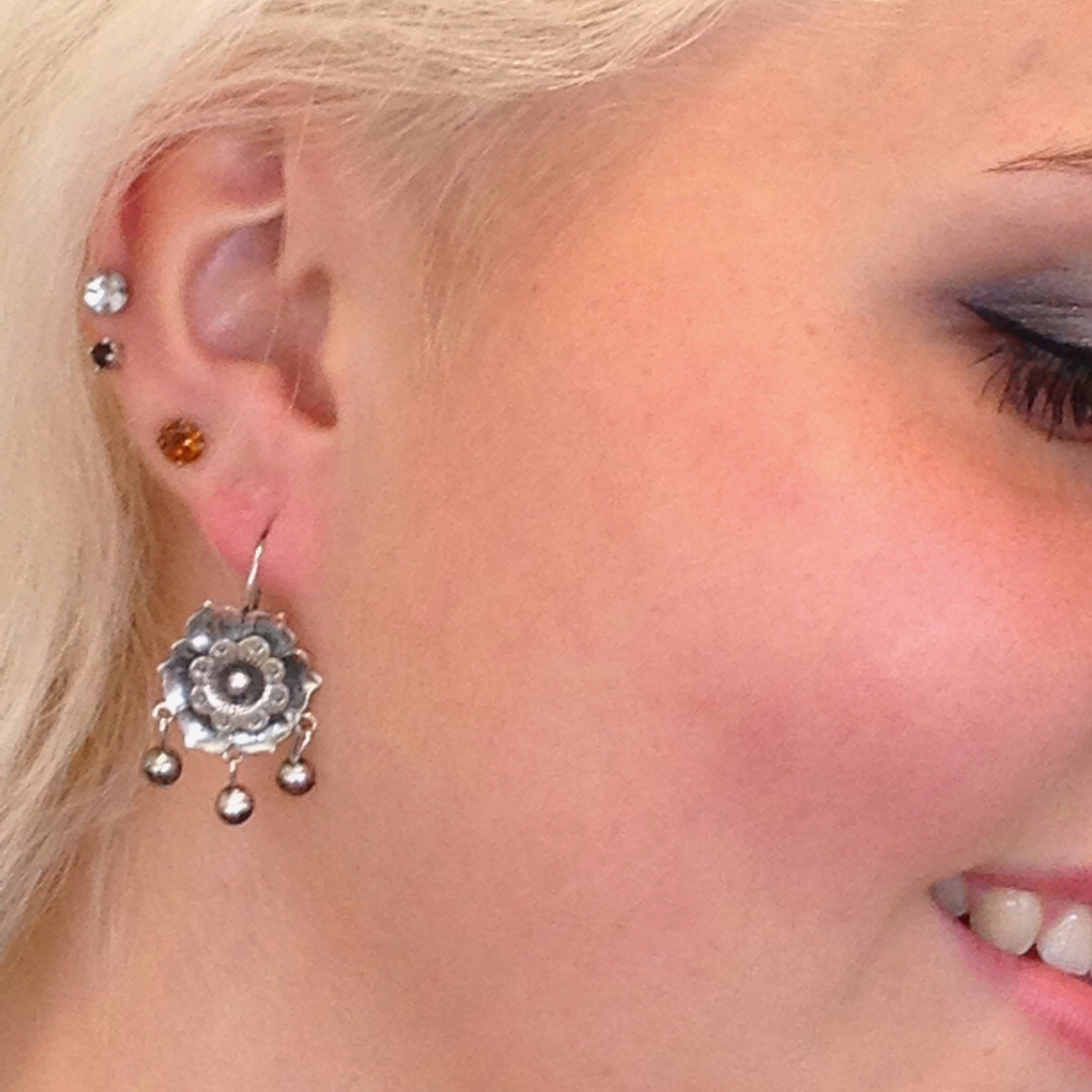 "Girasol" Sterling Sunflower Earrings with Silver Cup Dangles of Silver Gote Jewelry Victor's Round cup dangle  