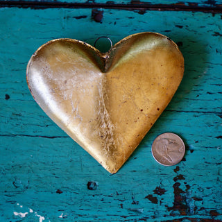 Gold Leaf Painted Tin Mexican Hearts religious Zinnia Folk Arts Large Gold  