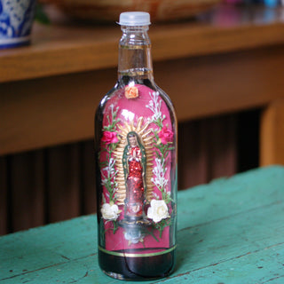 Guadalupe Shrine in a Bottle religious Zinnia Folk Arts Pink background  