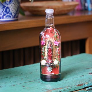 Guadalupe Shrine in a Bottle religious Zinnia Folk Arts Red background  