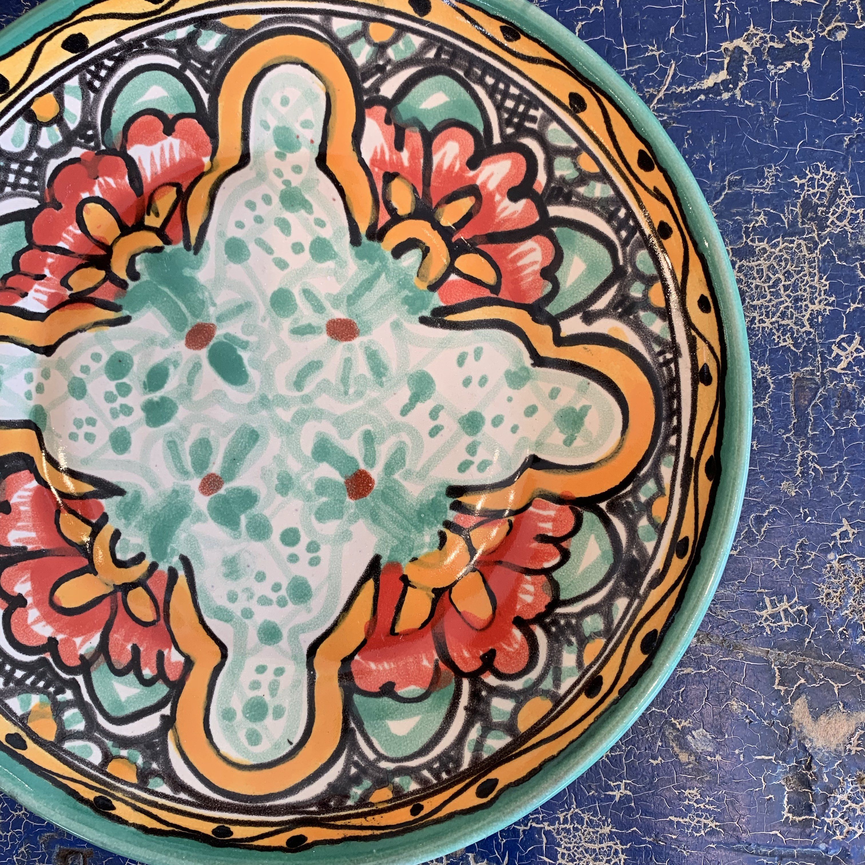 7" Handmade Dessert Plates, Round, Ready to Ship Ceramics Zinnia Folk Arts Mint Green & Orange  