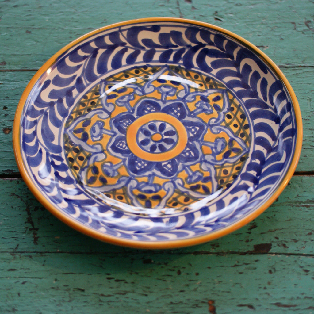 10" Handmade Dinner Plates, Ready to Ship Ceramics Zinnia Folk Arts Blue and Saffron  