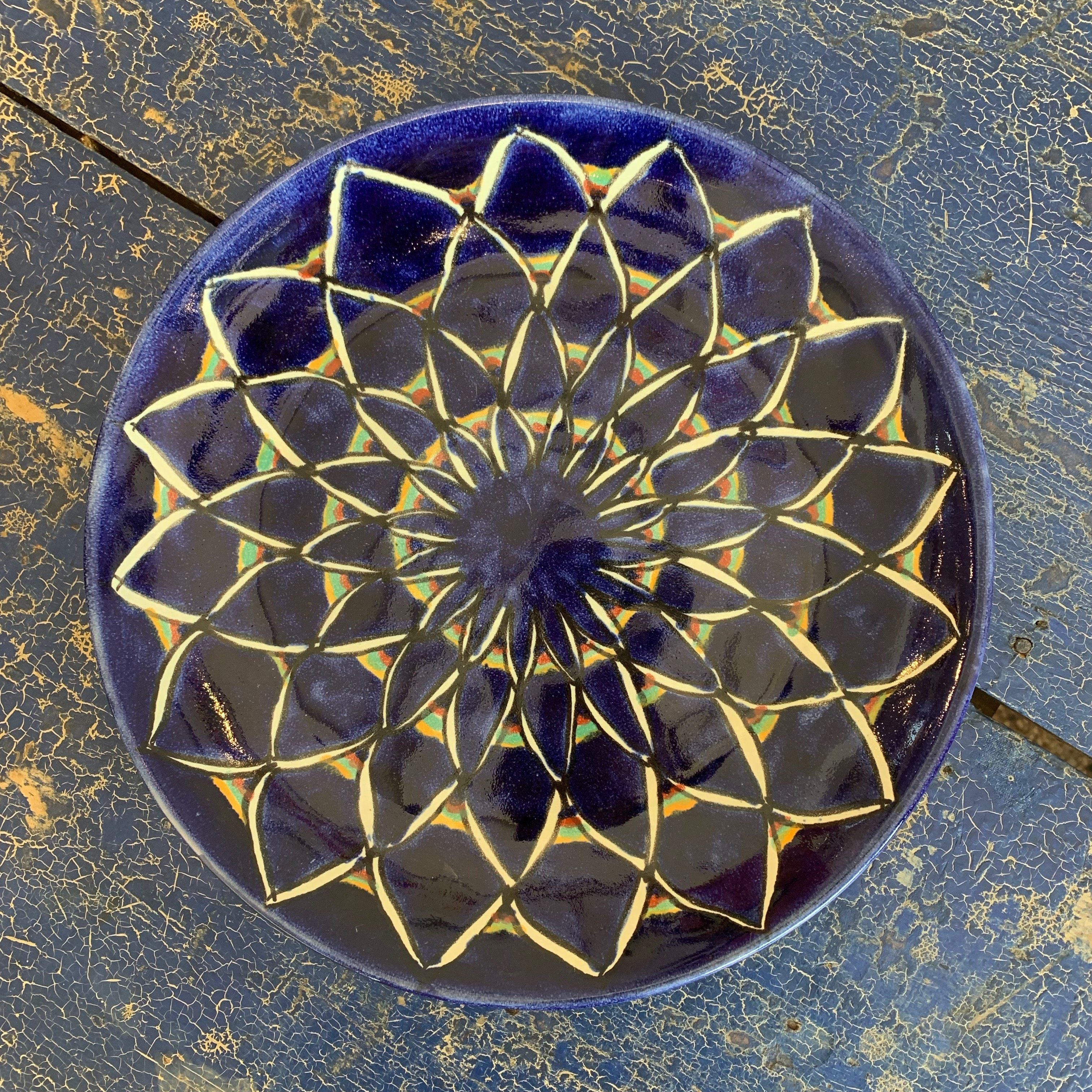 10" Handmade Dinner Plates, Ready to Ship Ceramics Zinnia Folk Arts Blue Zinnia  
