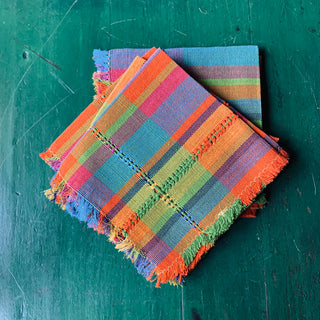 Handwoven Cotton Napkins, Plaids and Stripes Textile Zinnia Folk Arts Ana-Lime Green  