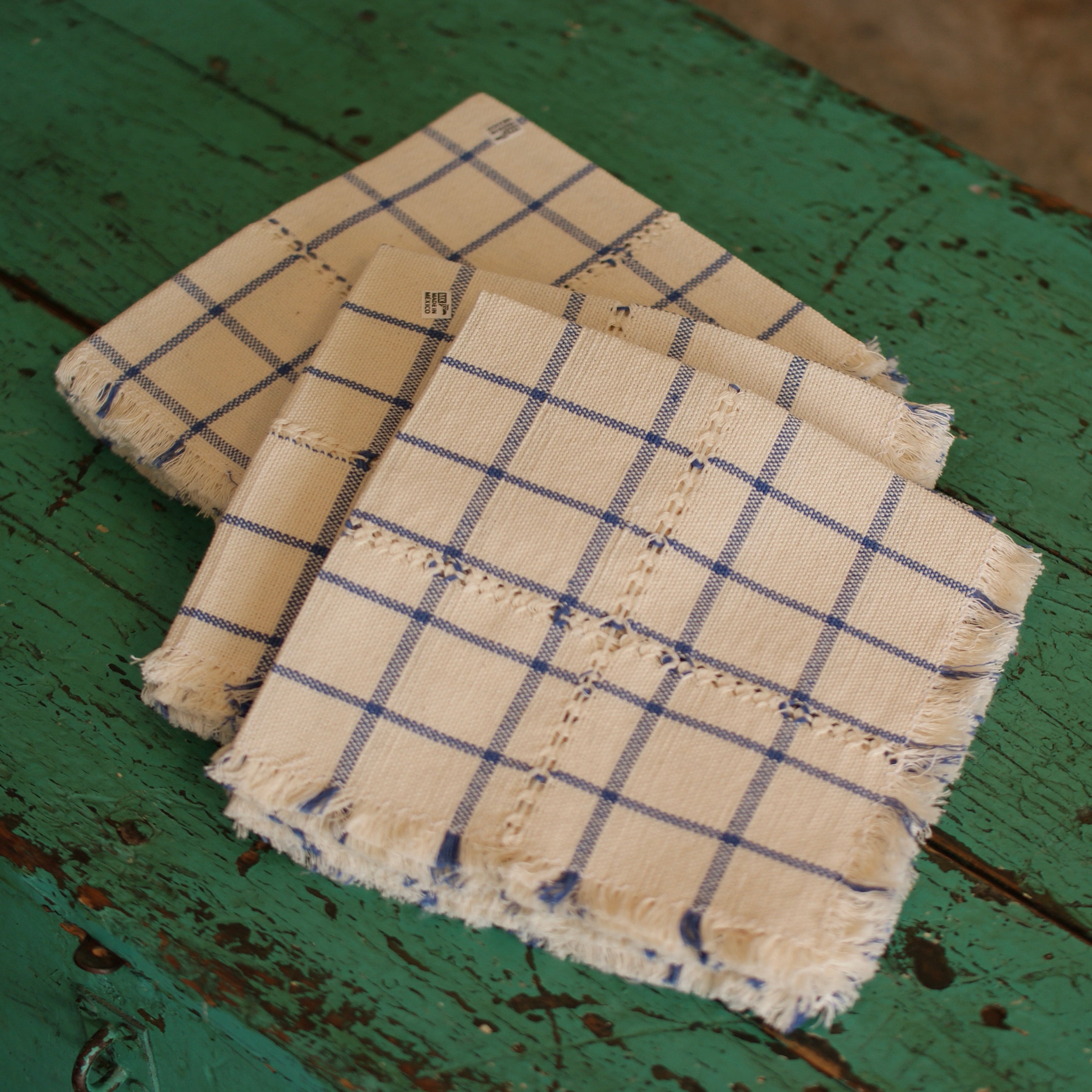 Handwoven Cotton Napkins, Plaids and Stripes Textile Zinnia Folk Arts Blue and White Tattersall  