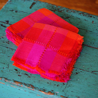 Handwoven Cotton Napkins, Plaids and Stripes Textile Zinnia Folk Arts Bright Pink and Orange Plaid  