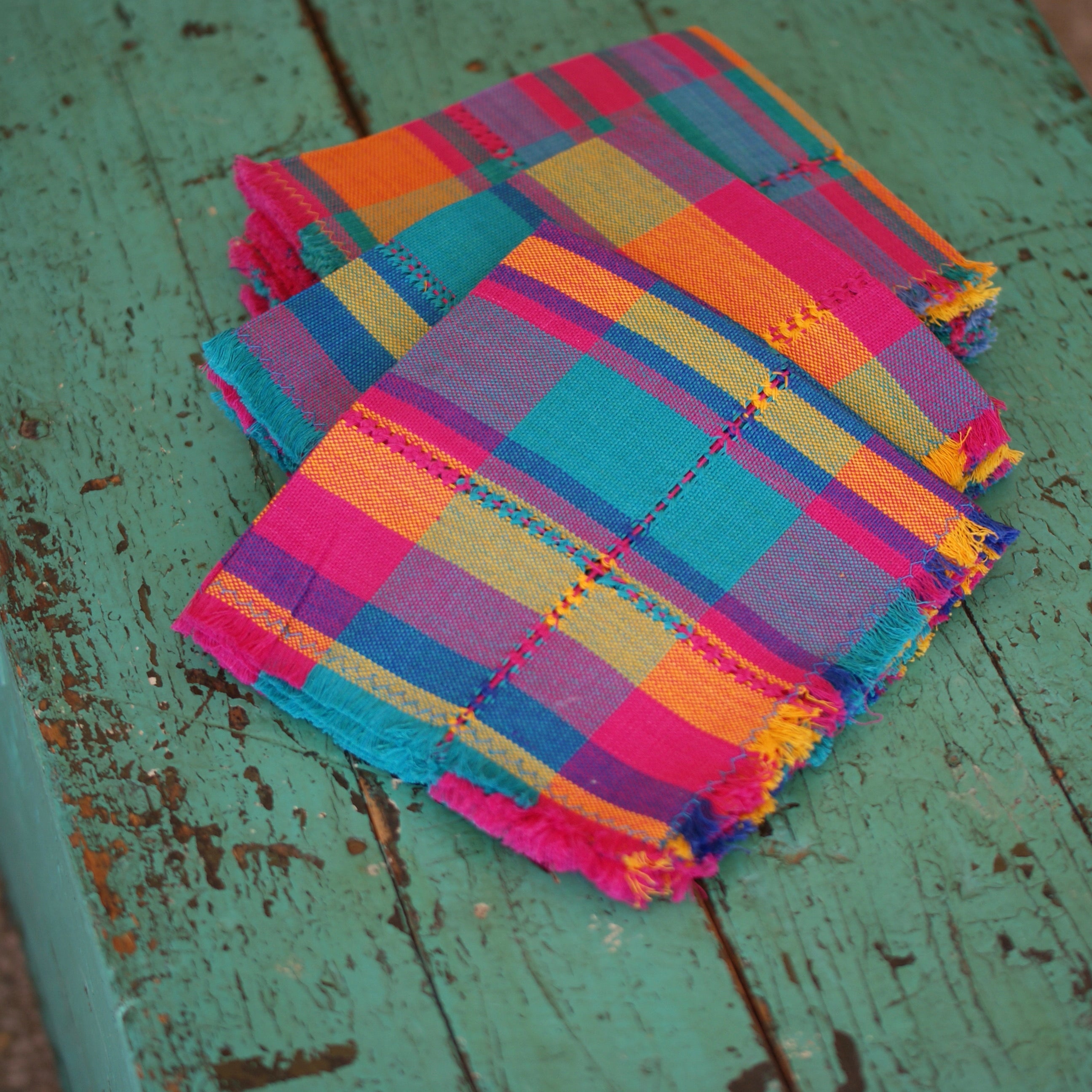Handwoven Cotton Napkins, Plaids and Stripes Textile Zinnia Folk Arts El Mar Turquoise  