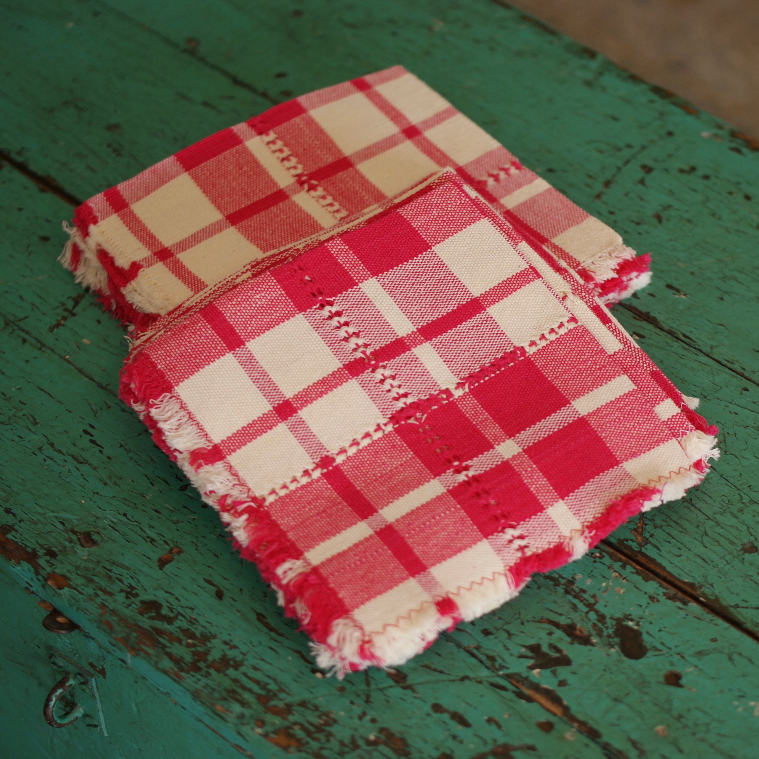 Handwoven Cotton Napkins, Plaids and Stripes Textile Zinnia Folk Arts Pink and White Plaid  