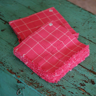 Handwoven Cotton Napkins, Plaids and Stripes Textile Zinnia Folk Arts Pink and White Tattersall  