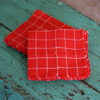 Handwoven Cotton Napkins, Plaids and Stripes Textile Zinnia Folk Arts Red and White Tattersall  