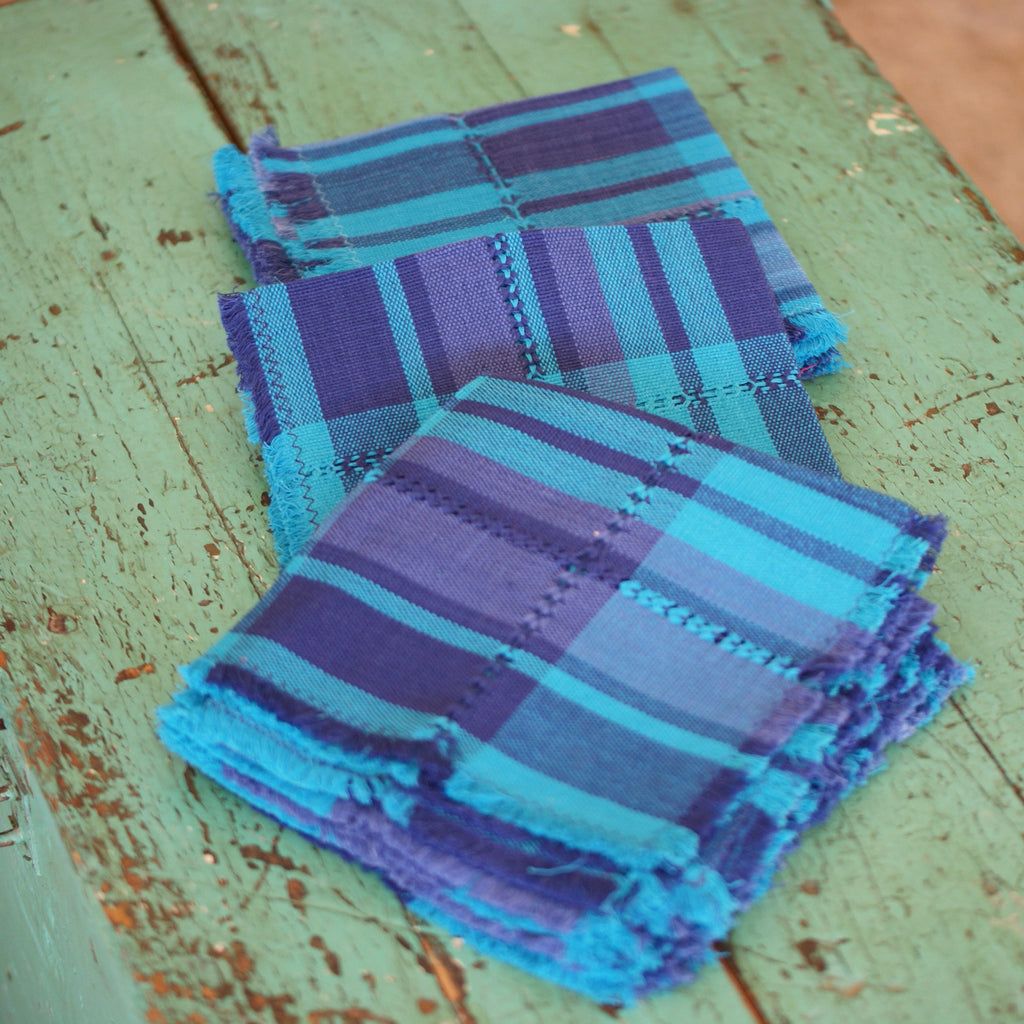 Handwoven Cotton Napkins, Plaids and Stripes Textile Zinnia Folk Arts Turquoise & Navy  