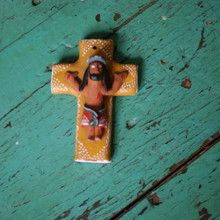 Jesus on the Cross, Ocumicho Guadalupe Zinnia Folk Arts Gold Cross  