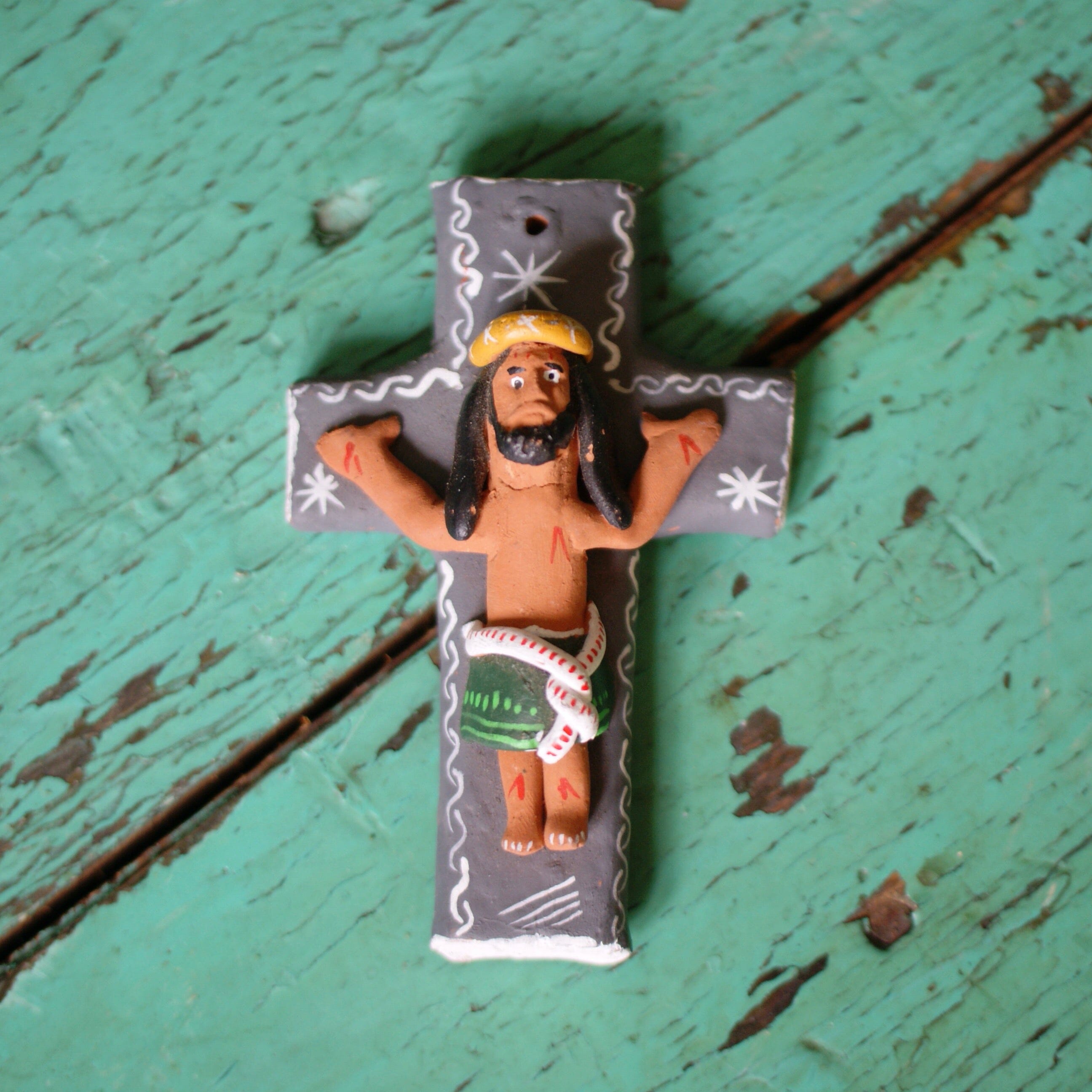 Jesus on the Cross, Ocumicho Guadalupe Zinnia Folk Arts Gray Cross  