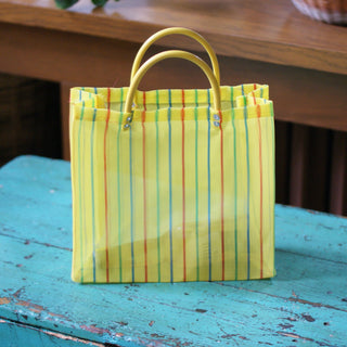 Joyful Plastic Market Bags Apparel Zinnia Folk Arts Bright Yellow Stripes  