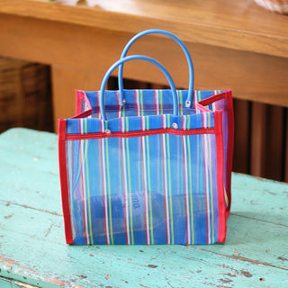 Joyful Plastic Market Bags Apparel Zinnia Folk Arts Dark Blue Stripes  