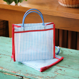 Joyful Plastic Market Bags Apparel Zinnia Folk Arts Light Blue Gingham  