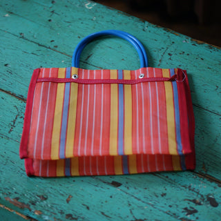 Joyful Plastic Market Bags Apparel Zinnia Folk Arts Orange summer stripes/ Blue Handles  