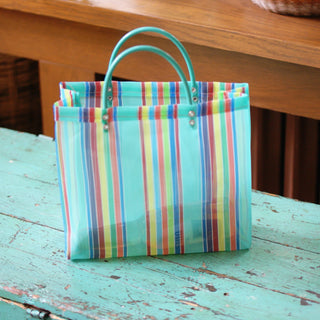 Joyful Plastic Market Bags Apparel Zinnia Folk Arts Turquoise Stripes  