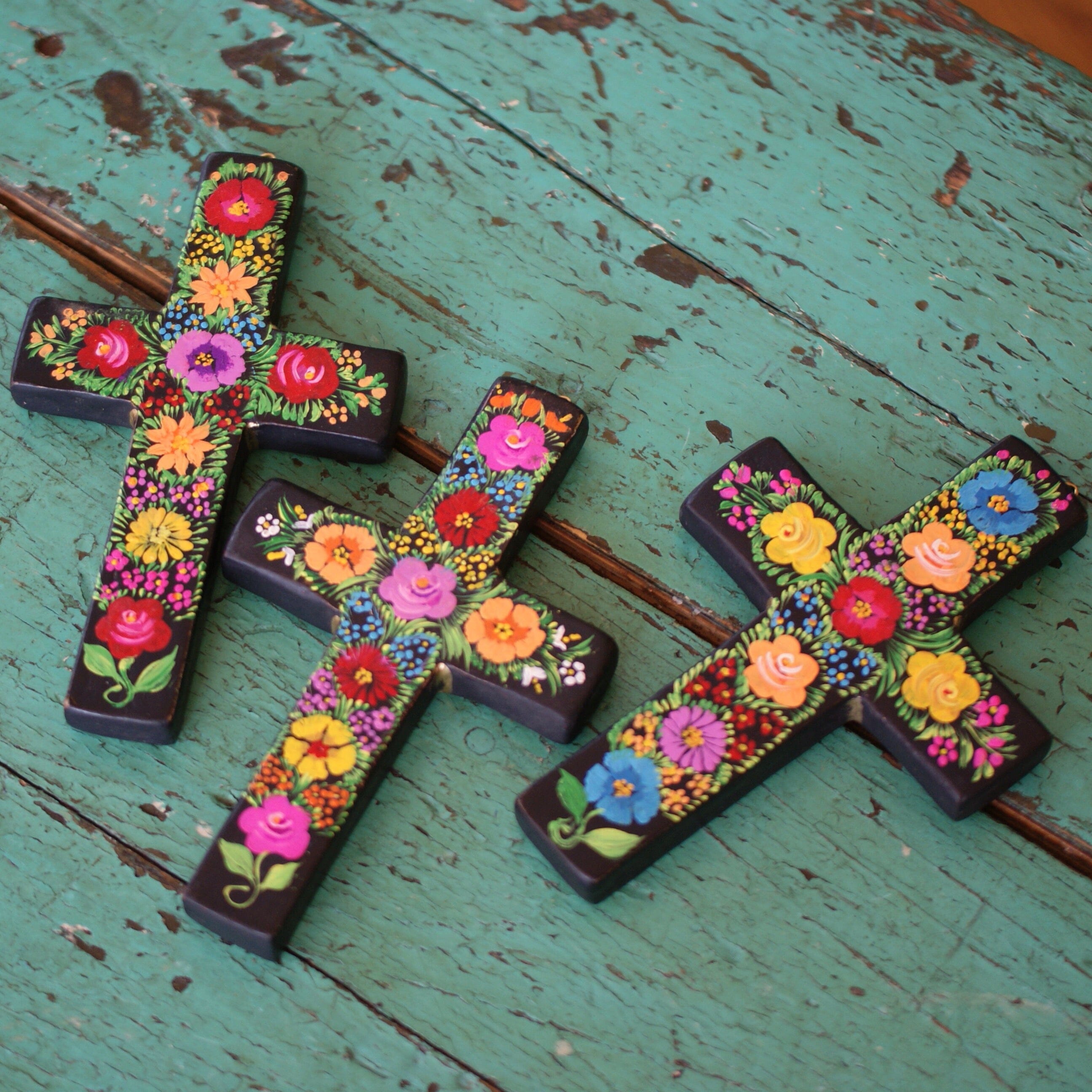 Lacquered & Painted Chiapas Wood Crosses, Three Sizes religious Zinnia Folk Arts   