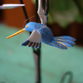 Large Carved and Painted Hummingbirds, Xuana Family, San Martin Tilcajete Whimsical Zinnia Folk Arts Blue  