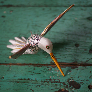 Large Carved and Painted Hummingbirds, Xuana Family, San Martin Tilcajete Whimsical Zinnia Folk Arts White  