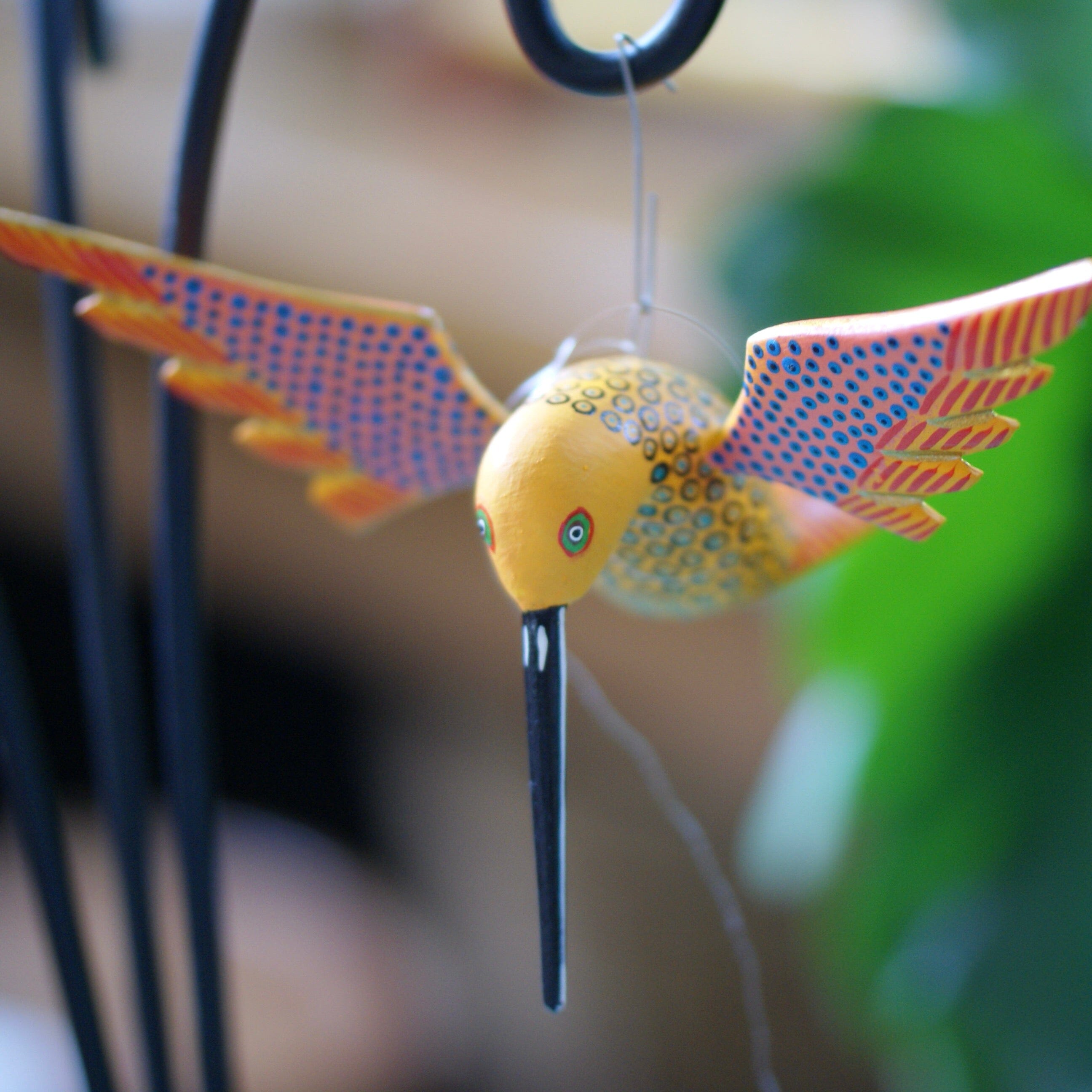 Large Carved and Painted Hummingbirds, Xuana Family, San Martin Tilcajete Whimsical Zinnia Folk Arts Yellow  