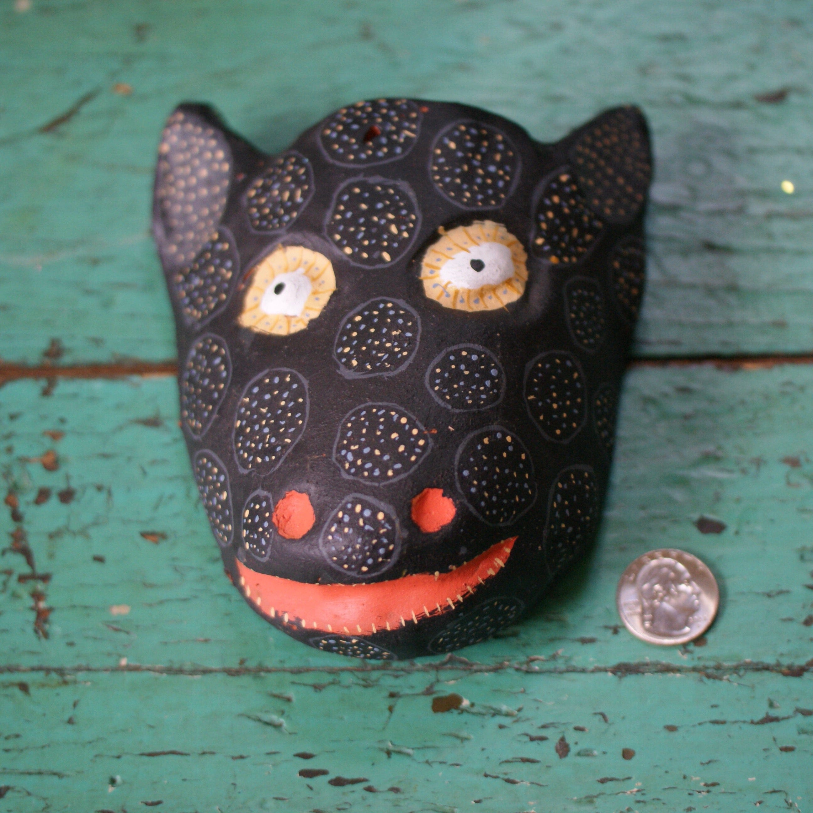 Large Clay Painted Animal Masks Whimsical Zinnia Folk Arts Black with Dark Coral Mouth and Nostrils  